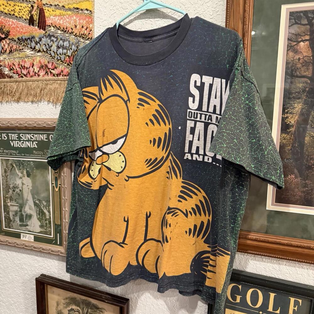 Vintage 90s RARE Garfield Jim Davis Movie Promo Cartoon Big Face AOP Shirt Large - Picture 3 of 6